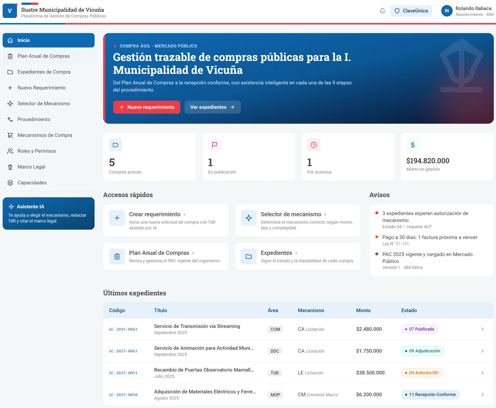 Panel de inicio de CompraSegura: compras activas, accesos rápidos, avisos y últimos expedientes